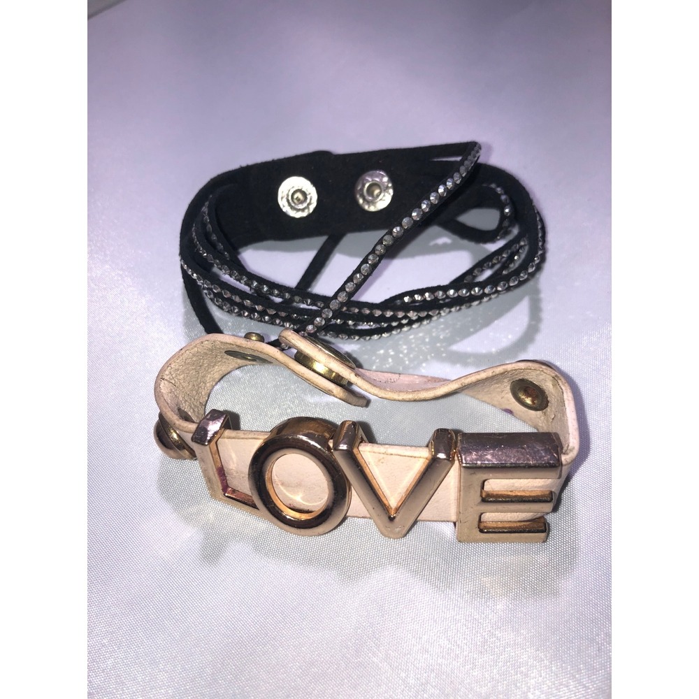 Set of 2 Wrap Bracelets Black Rhinestone Suede & Pink Gold LOVE Cuff